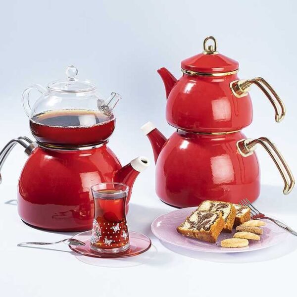 KIRMIZI GOLD EMAYE ÇAYDANLIK TAKIMI 1200ML/2300ML - Görsel 3