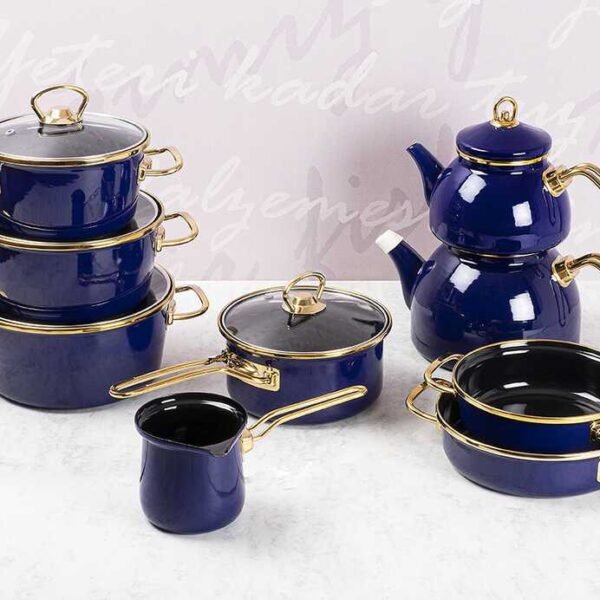 LACİVERT GOLD EMAYE ÇAYDANLIK TAKIMI 1200ML/2300ML - Görsel 3