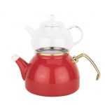 CAM DEMLİKLİ KIRMIZI EMAYE ÇAYDANLIK TAKIMI 980ML/2300ML
