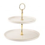 REACT KREM RENGİ GOLD YALDIZLI İNCE SERAMİK 2KATLI KURABİYELİK 26CM