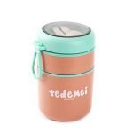 TEDEMEI PASLANMAZ ÇELİK YUVARLAK 2 KATLI PEMBE-YEŞİL PLASTİK KAŞIKLI YEMEK TAŞIMA KABI 710ML